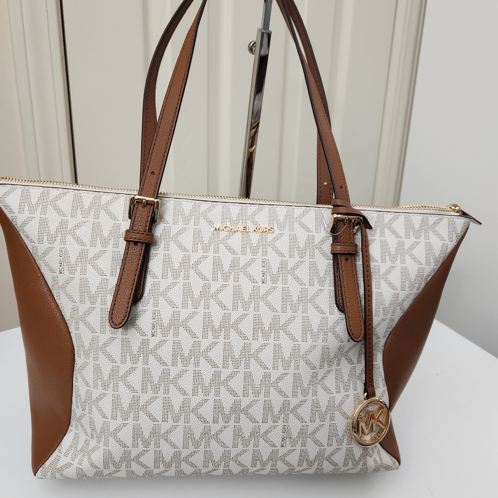 Michael Kors White and Brown Tote Bag